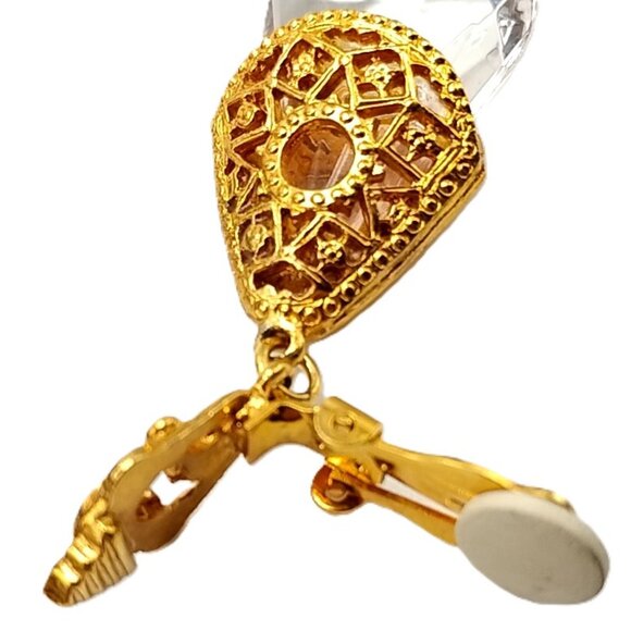 Gold Tone Filigree Clip-On Dangle Earrings Clear Faceted Teardrop Vintg-Inspired - Picture 8 of 9
